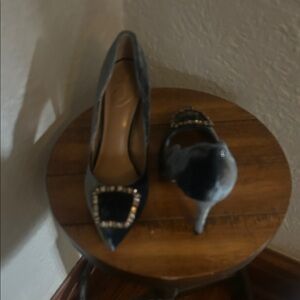 Sam Edelman Black Velvet Pointed Toe Heels with Jewel Buckle